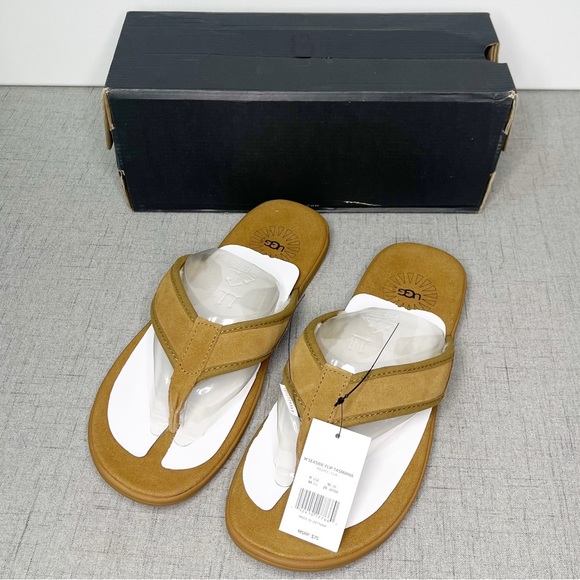 UGG Seaside Suede & Sherpa Flip Flop Sandal Tasmania Tan Sandals Nwt 11 - Picture 9 of 10